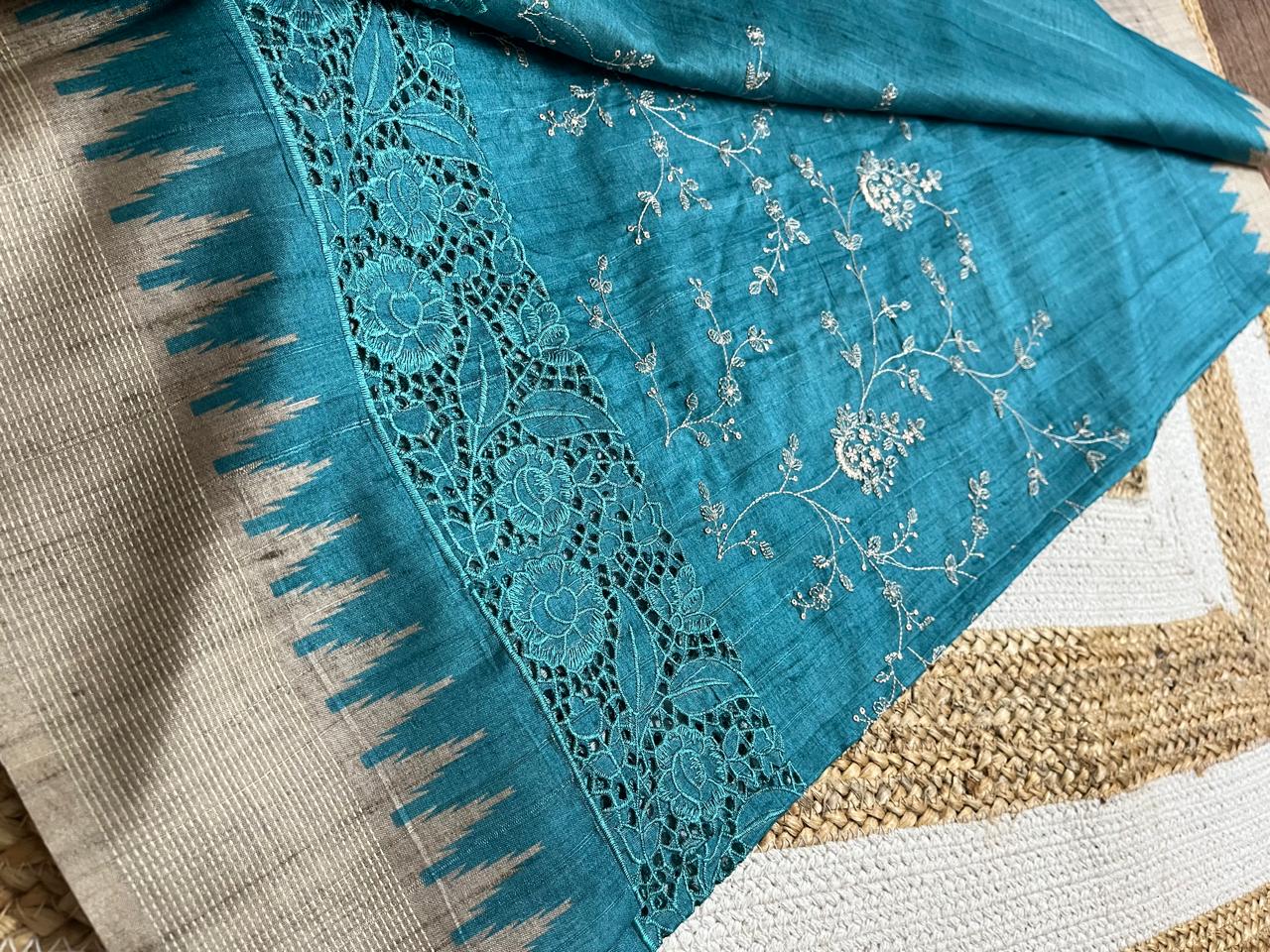 Sky Blue Saree with Beige Embroidery