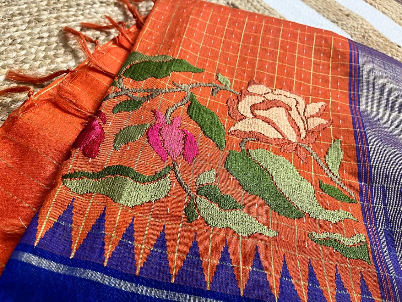 Orange Saree with Navy Borders