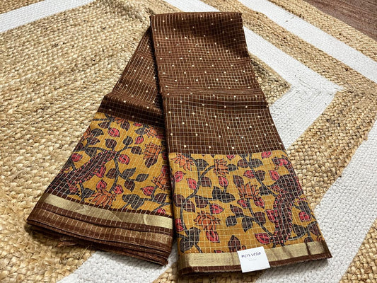 Brown Cotton Saree with Kalamkari