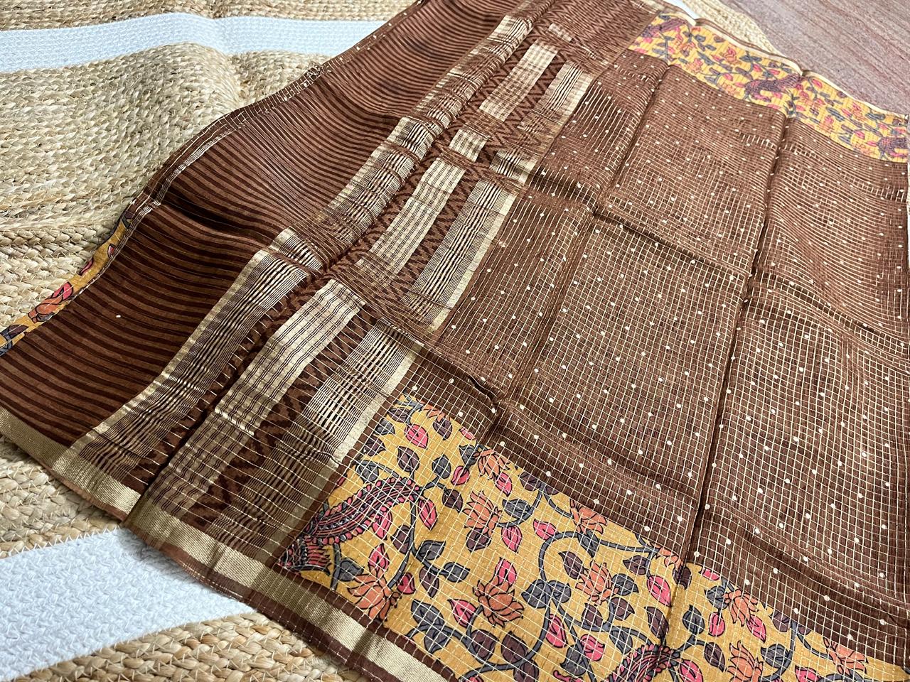 Brown Cotton Saree with Kalamkari