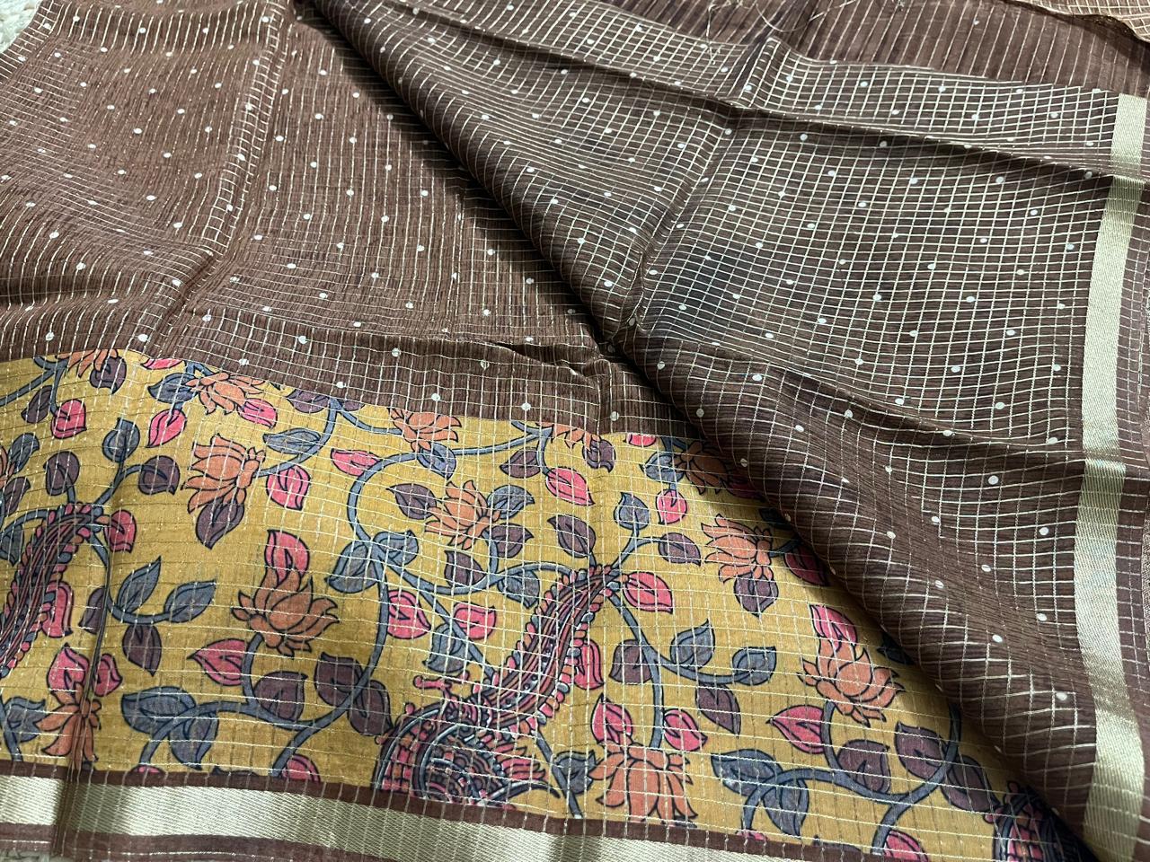 Brown Cotton Saree with Kalamkari