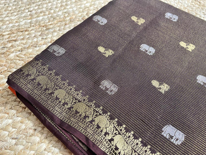 Rust Saree with Coffee Elephant Borders