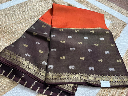 Rust Saree with Coffee Elephant Borders