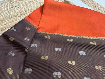 Rust Saree with Coffee Elephant Borders