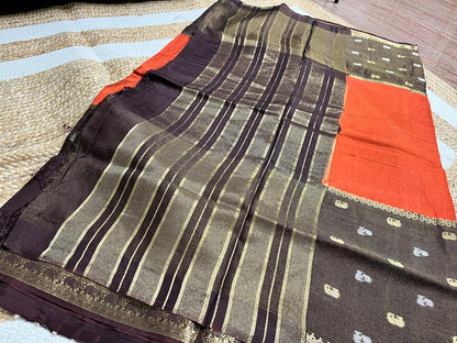 Rust Saree with Coffee Elephant Borders