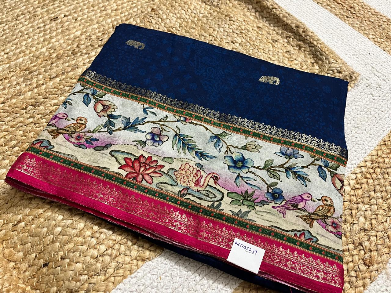 Navy Blue Crepe Saree with Swans