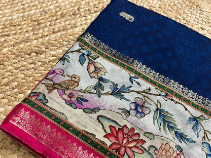 Navy Blue Crepe Saree with Swans