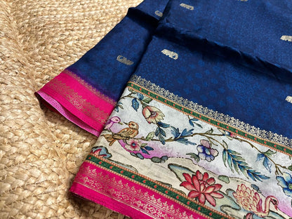 Navy Blue Crepe Saree with Swans
