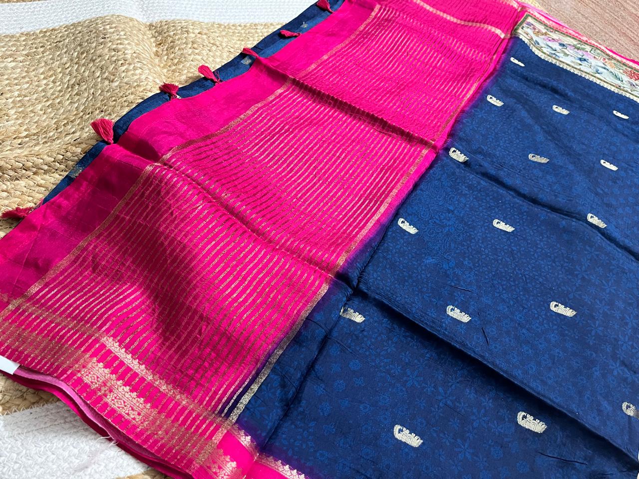 Navy Blue Crepe Saree with Swans