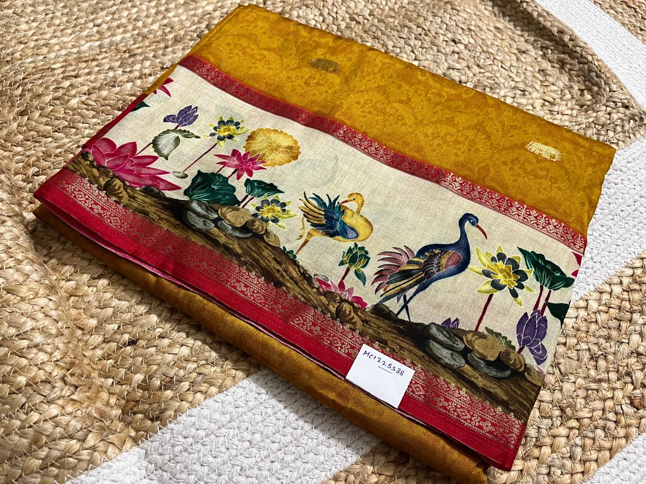 Yellow Crepe Saree with Flamingo Borders