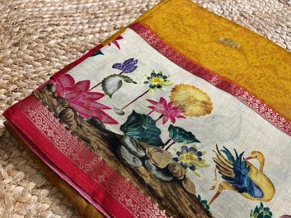Yellow Crepe Saree with Flamingo Borders