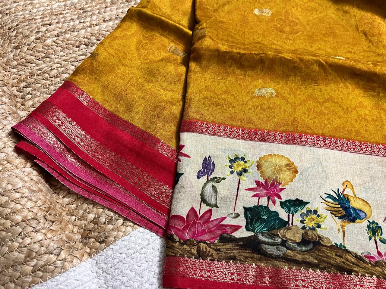 Yellow Crepe Saree with Flamingo Borders