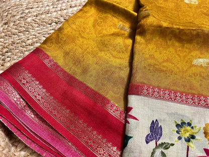 Yellow Crepe Saree with Flamingo Borders