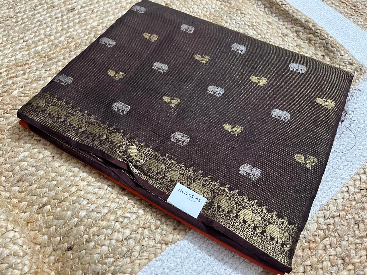 Rust Saree with Coffee Elephant Borders