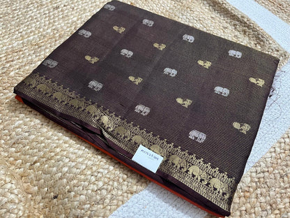 Rust Saree with Coffee Elephant Borders