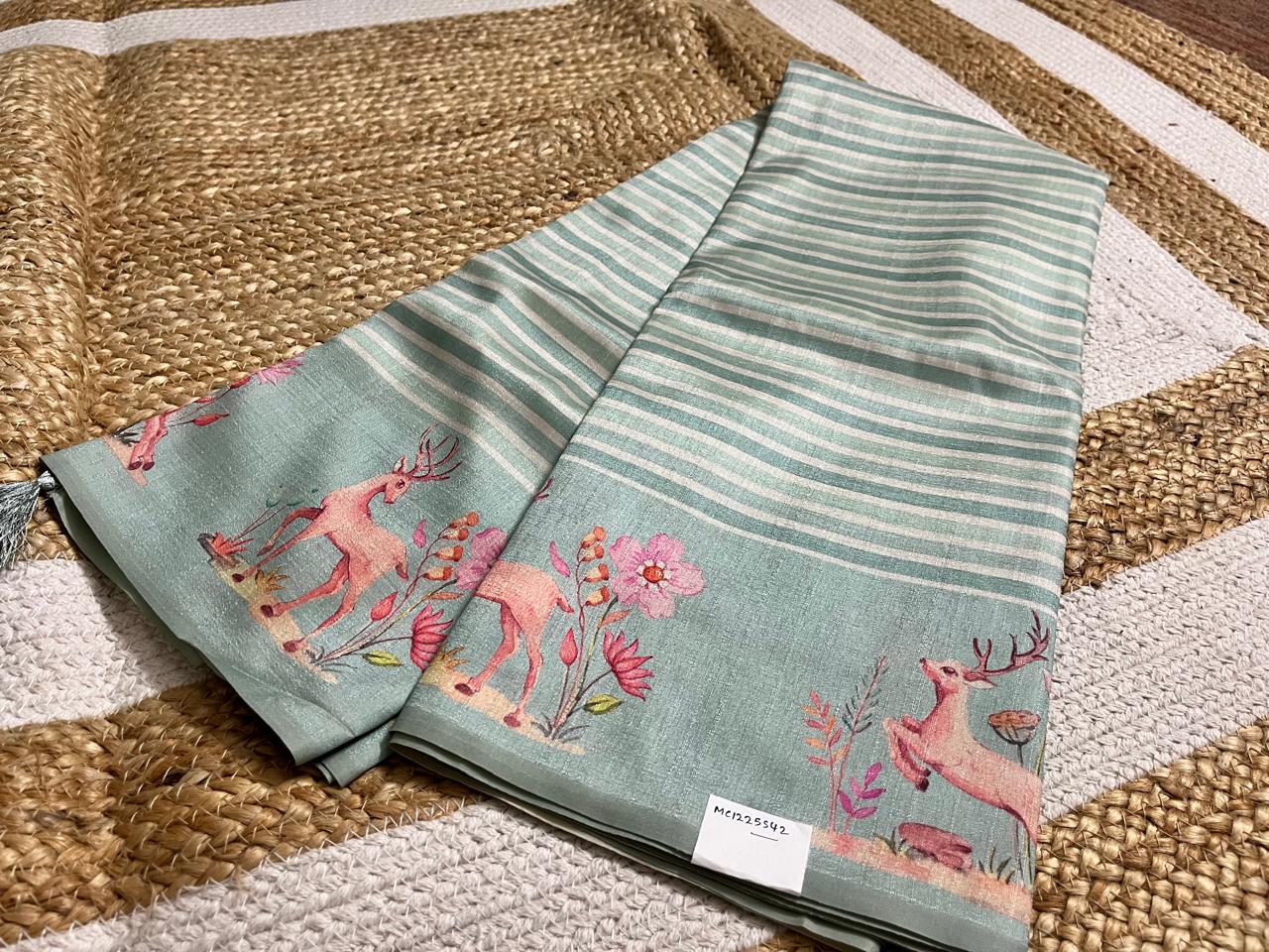 Pastel Pista Saree with Animal Borders
