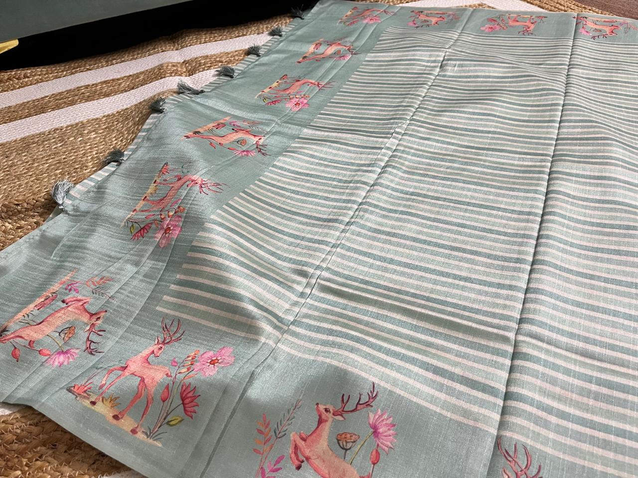 Pastel Pista Saree with Animal Borders