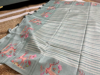 Pastel Pista Saree with Animal Borders
