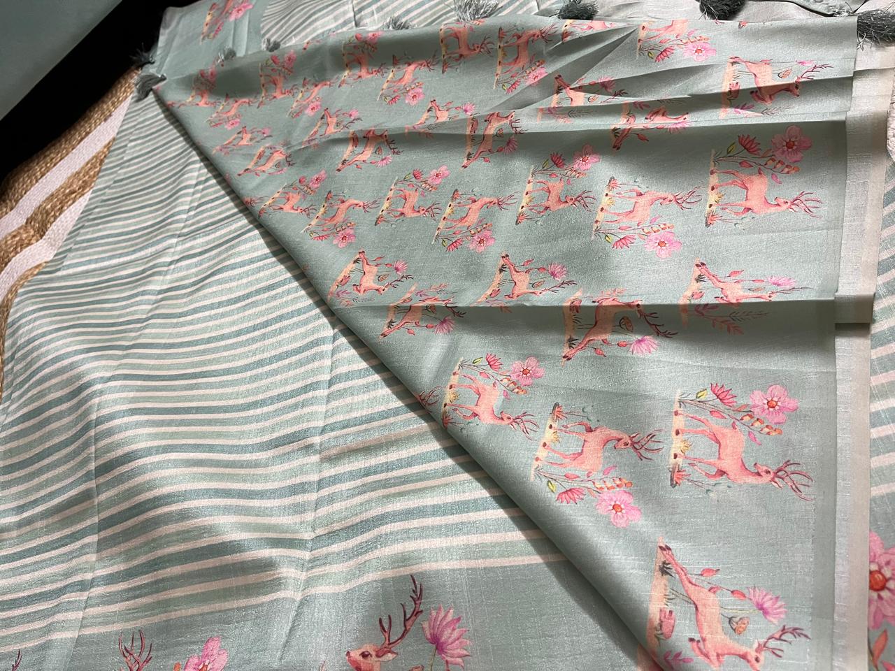 Pastel Pista Saree with Animal Borders