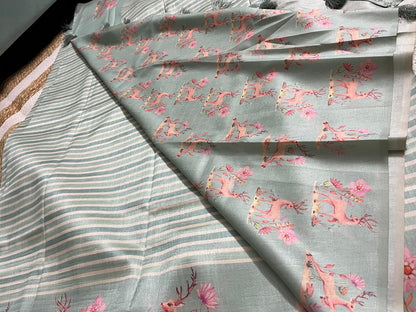 Pastel Pista Saree with Animal Borders