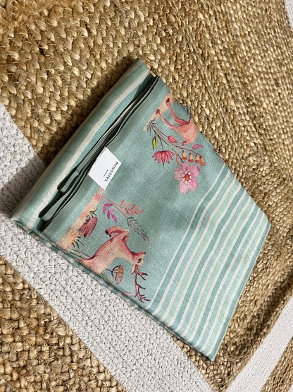 Pastel Pista Saree with Animal Borders