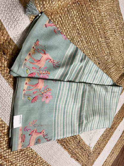 Pastel Pista Saree with Animal Borders
