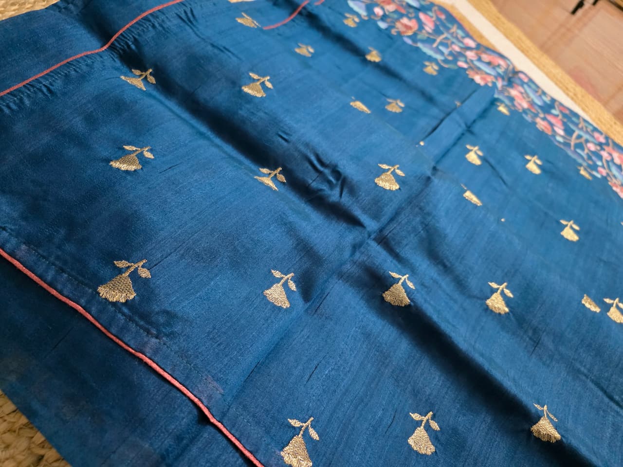 Peacock Blue Tussar Saree with Embroidery