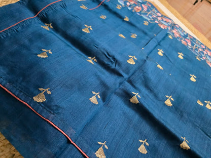 Peacock Blue Tussar Saree with Embroidery