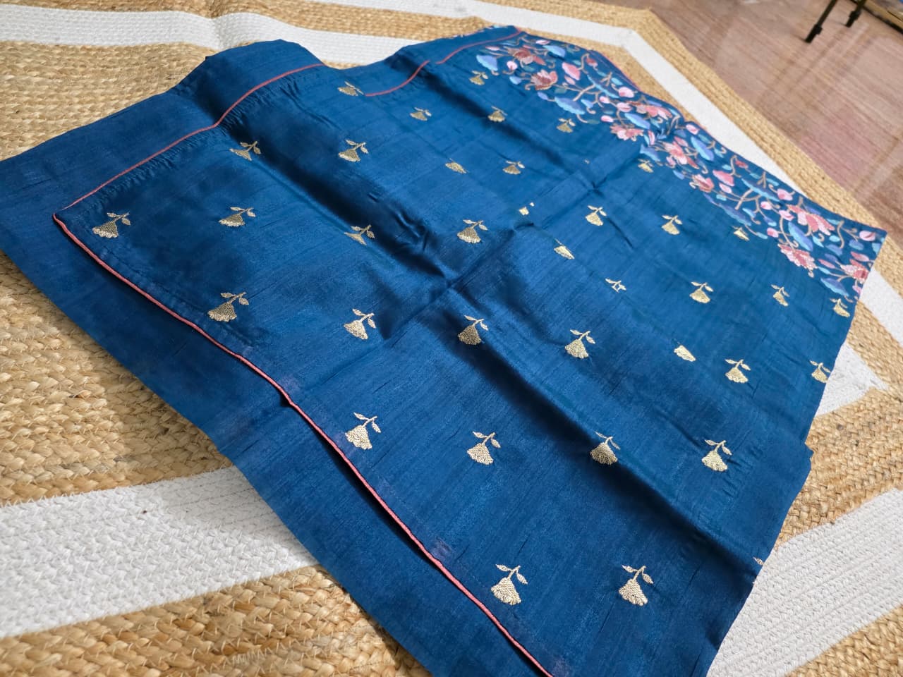 Peacock Blue Tussar Saree with Embroidery